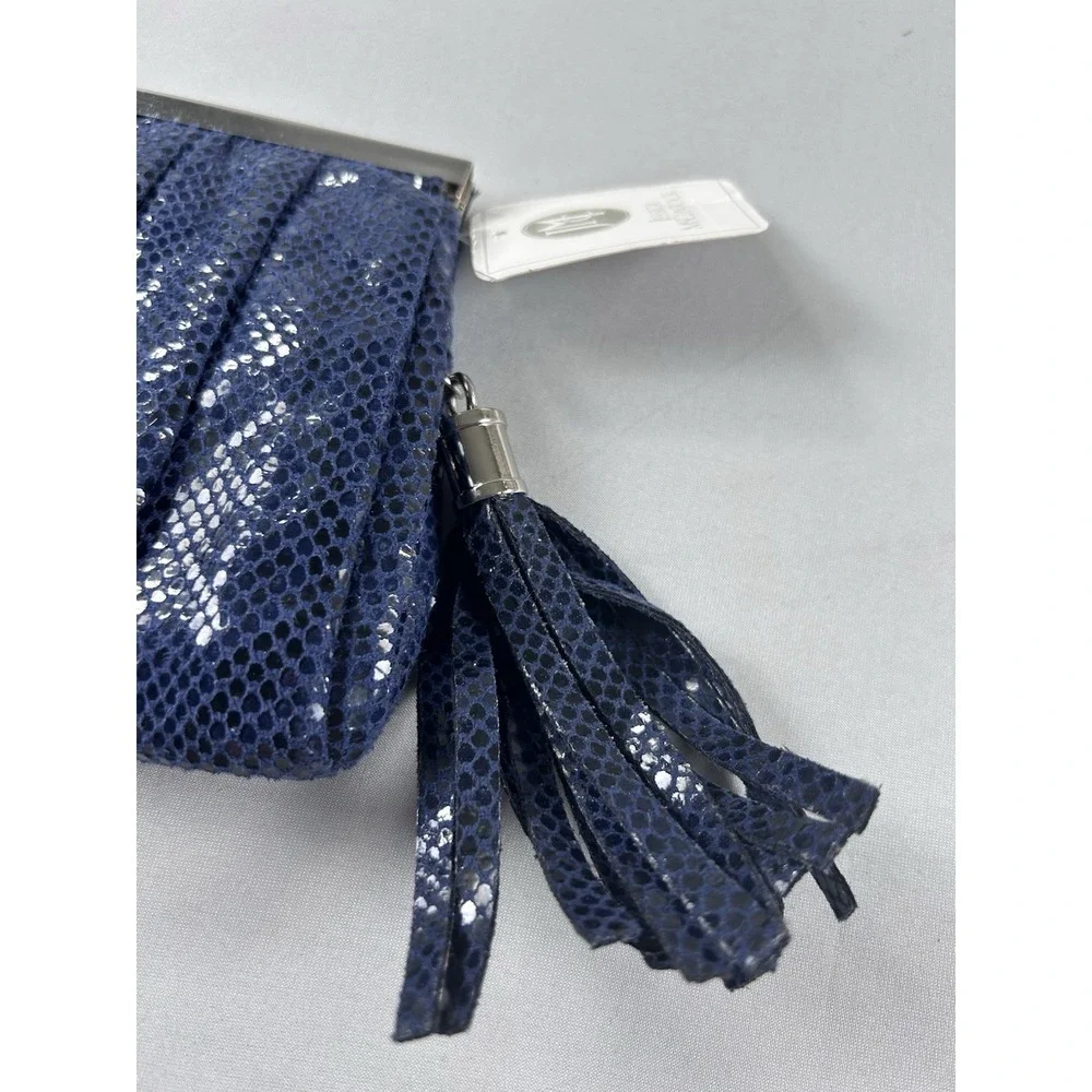 Jessica McClintock Blue Clutch Evening Bag Sequin‎ Pleated Frame Tassel NWT